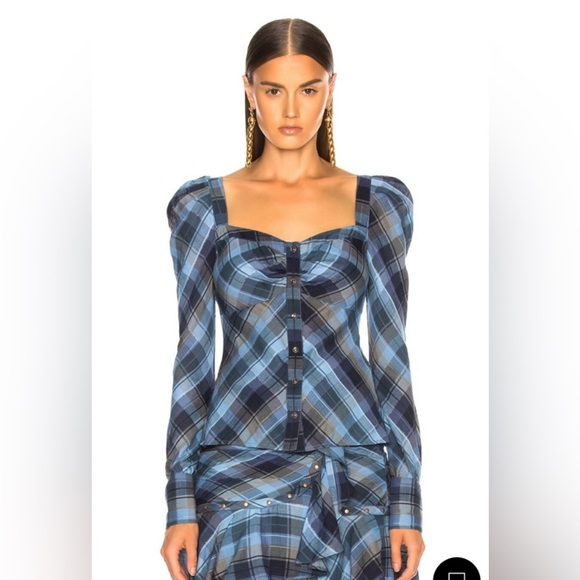 Veronica Beard Frankie Plaid Long Puff Sleeve Blouse - Blue - Size 14 - Picture 1 of 14